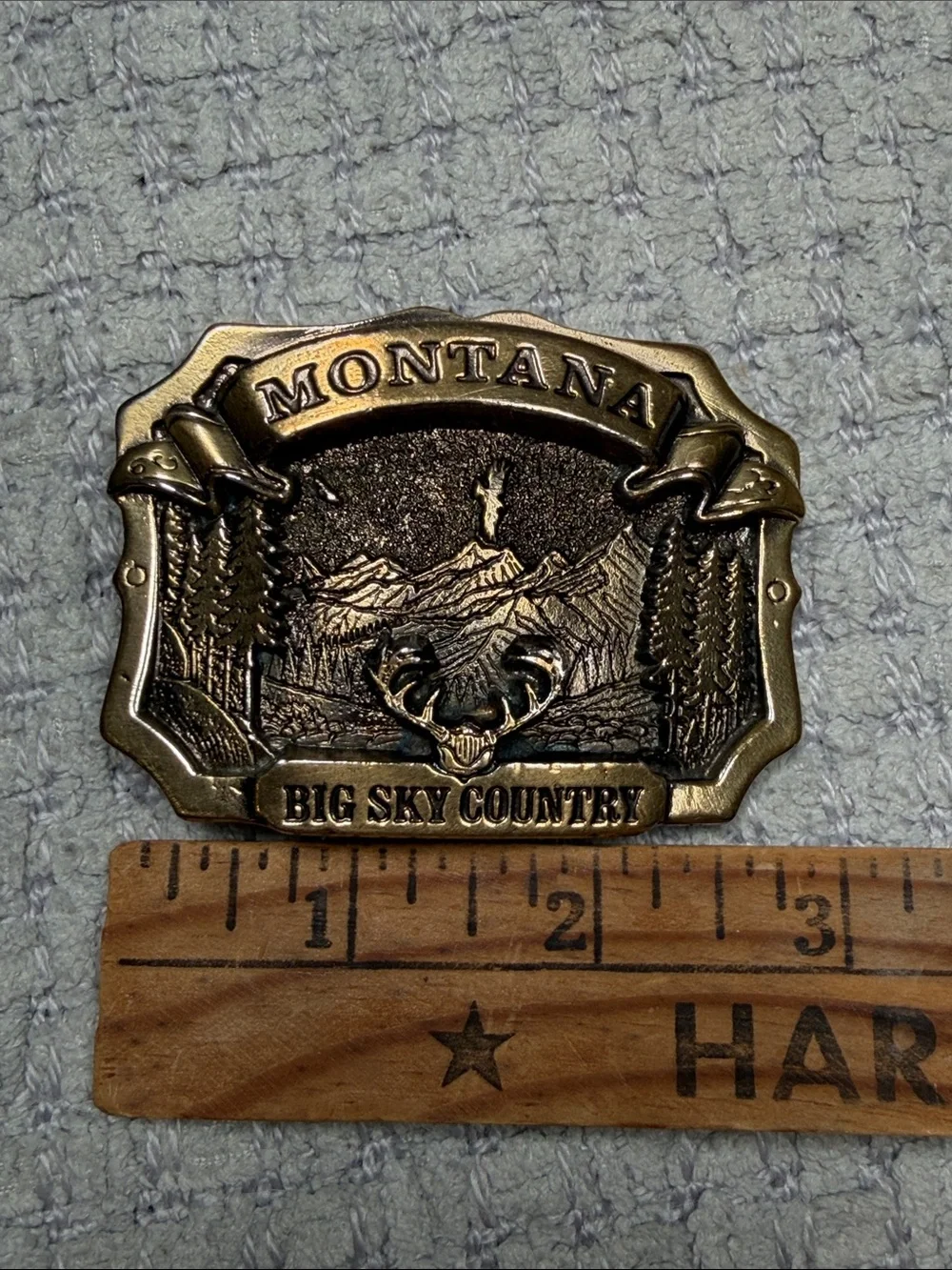 Solid Brass Big Sky Country MONTANA Antlers Eagle Mountains Belt Buckle Vintage